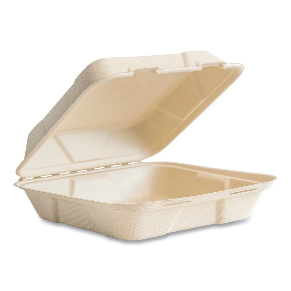 Vegware 9 in. x 10 in. x 2 in. Nourish Molded Fiber Sugarcane Compostable Takeout Container - Natural (200/Carton)