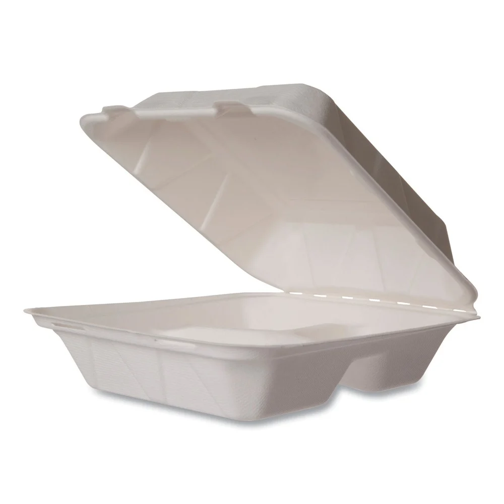 Vegware WHBRG-8-3 HW 7.9 in. x 7.9 in. x 2.9 in. Molded Fiber Compostable Sugarcane 3-Compartment Clamshell Containers - White (200/Carton)
