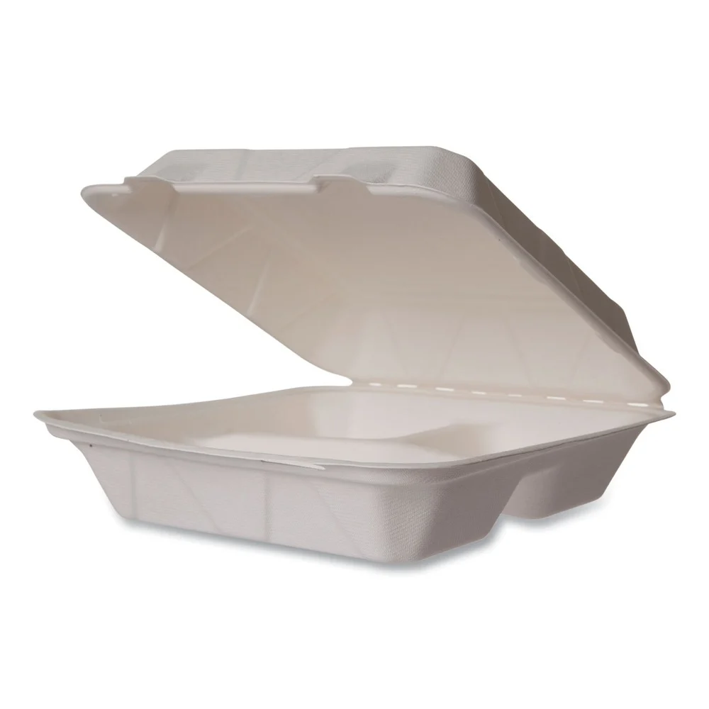 Vegware WHBRG-9-3 HW 9 in. x 18 in. x 2 in. Molded Fiber Compostable Sugarcane 3-Compartment Clamshell Containers - White (200/Carton)