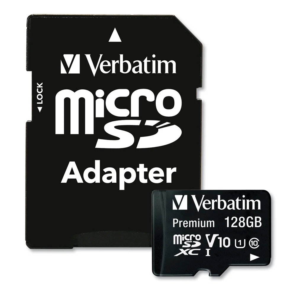 Verbatim UHS-I V10 U1 Class 10 Up to 90 mb/s Read Speed 128 GB Premium MICROSDXC Memory Card with Adapter