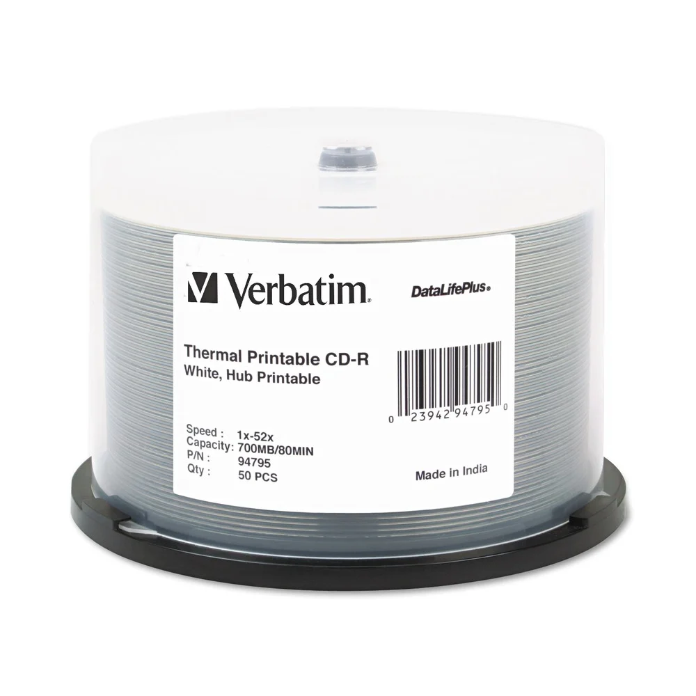 Verbatim 700 MB/80 min 52x Spindle CD-R DataLifePlus Printable Recordable Disc - White (50/Pack)