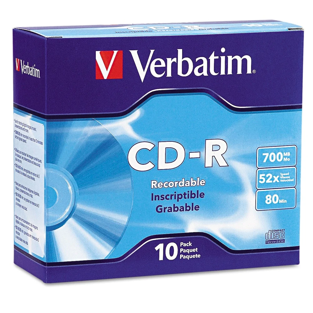 Verbatim 700 MB/80 min 52x CD-R Recordable Discs in Slim Jewel Case - Silver (10/Pack)