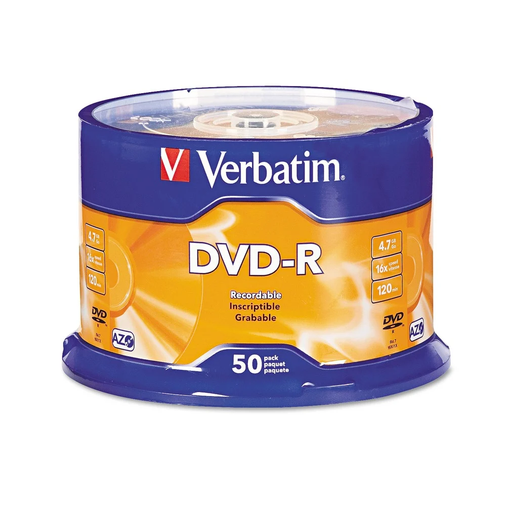 Verbatim 4.7 GB 16X DVD-R Recordable Disc Spindle - Silver (50/Pack)