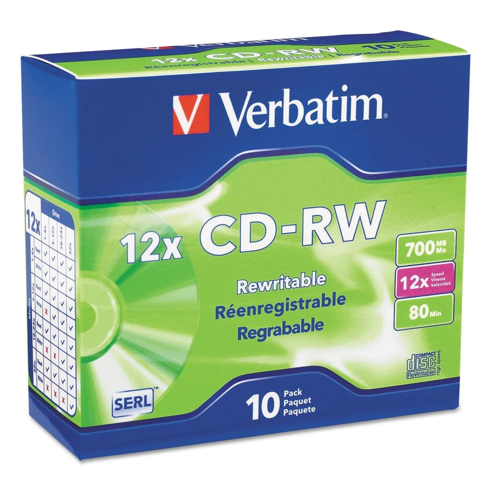 Verbatim 700 MB/80 min 12x Slim Jewel Case CD-RW High-Speed Rewritable Disc - Silver (10/Pack)