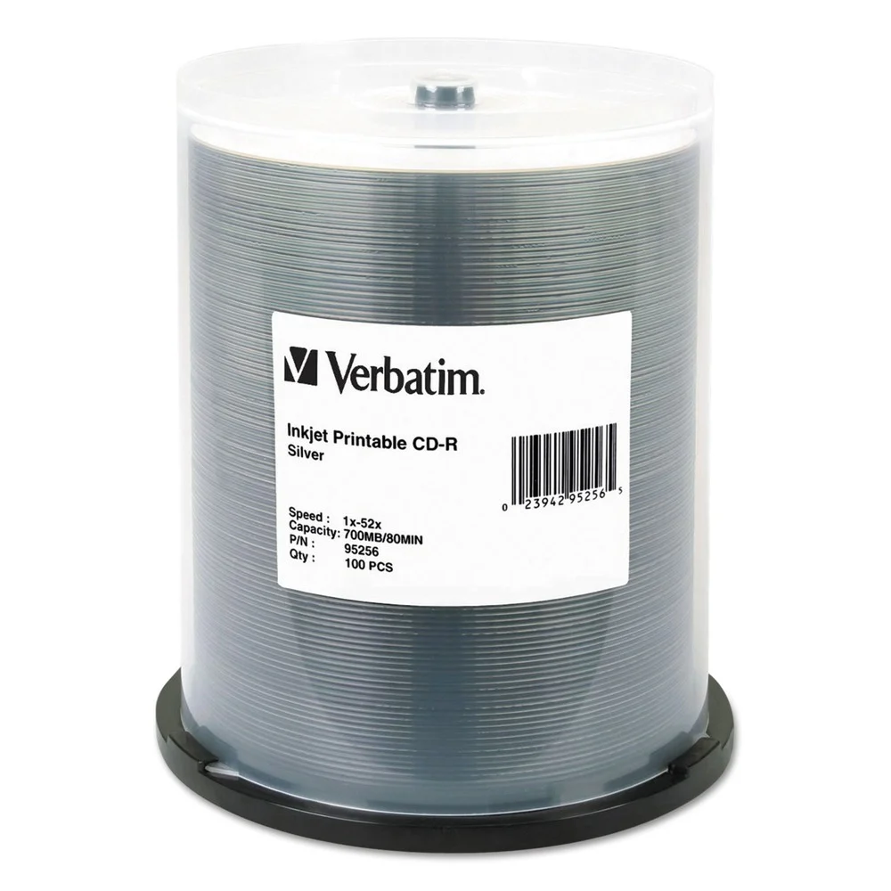 Verbatim 700 MB/80 min 52x Spindle CD-R Printable Recordable Disc - Silver (100/Pack)