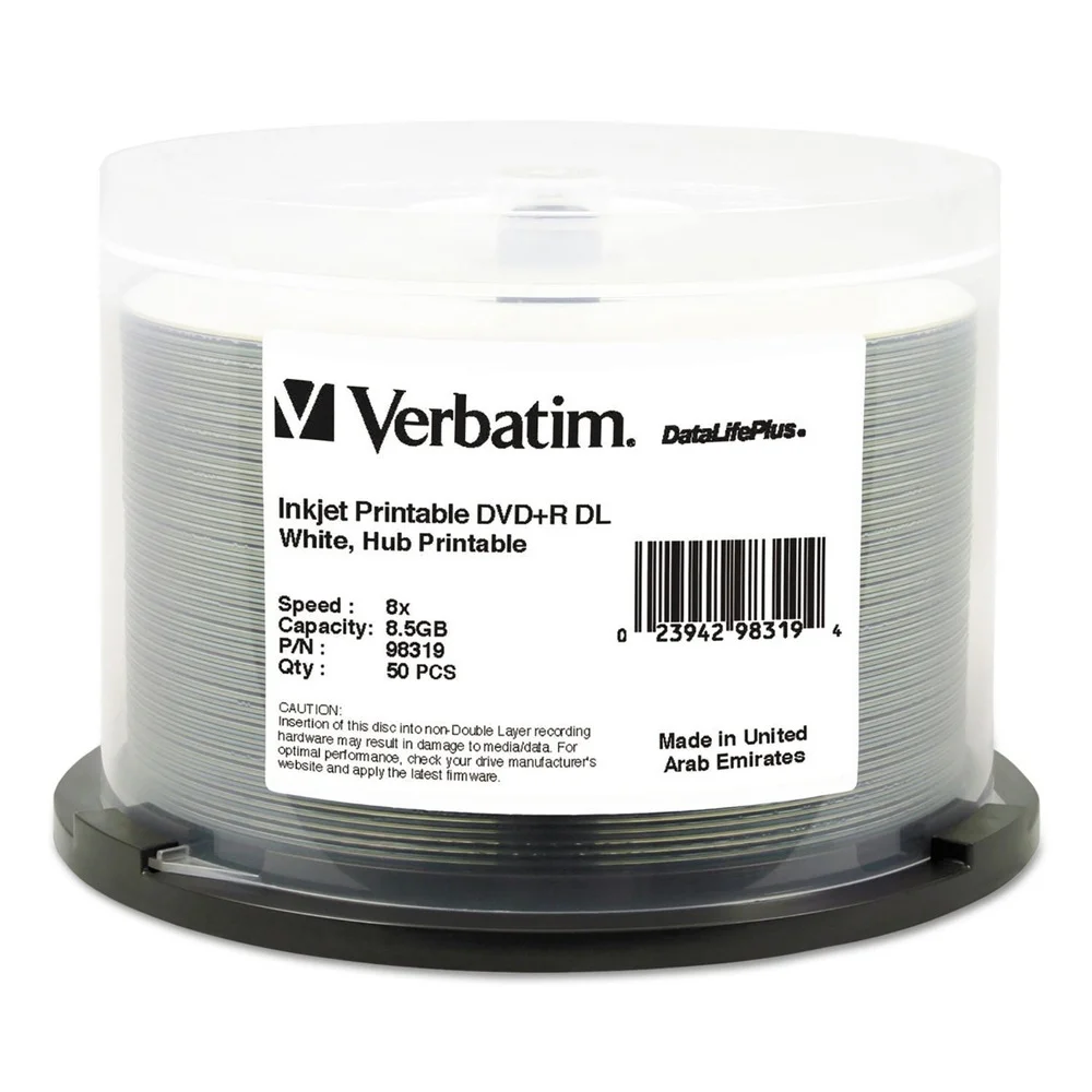 Verbatim Dvdplusr Dual Layer Recordable Disc, 8.5gb, 8x, Printable, Spindle (50/Pack)