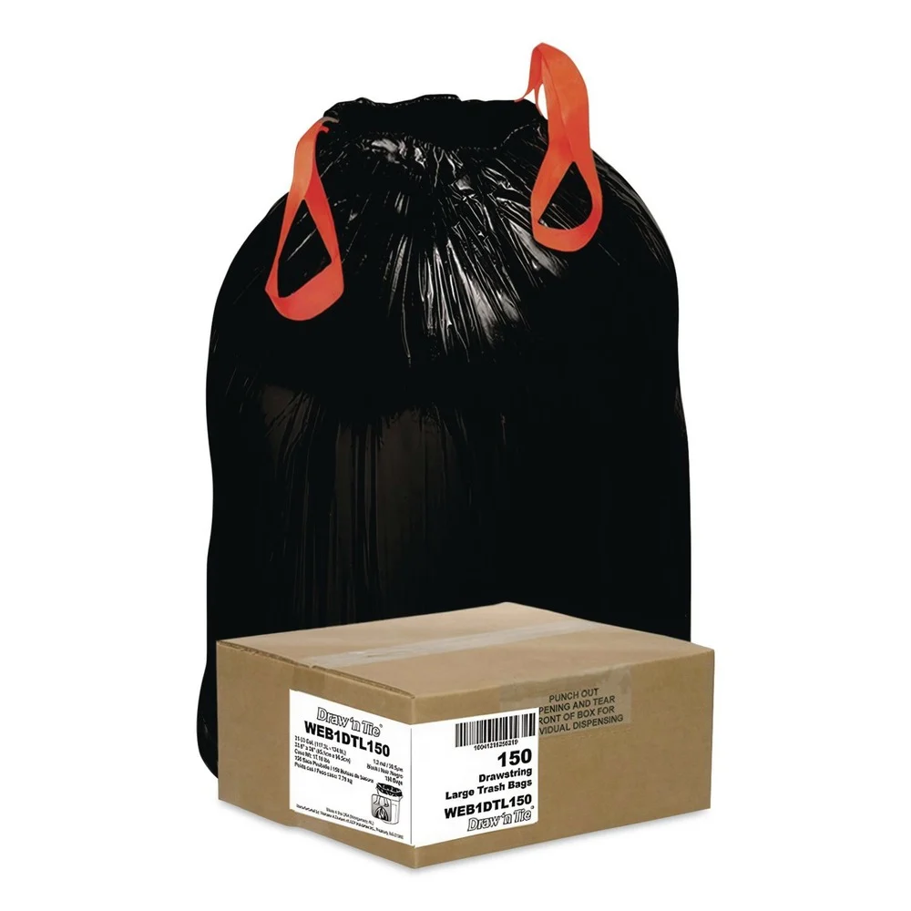 Draw 'n Tie Drawstring 33 Gallon 1.2 mil 33.5 in. x 38 in. Heavy-Duty Trash Bags - Black (150/Box)