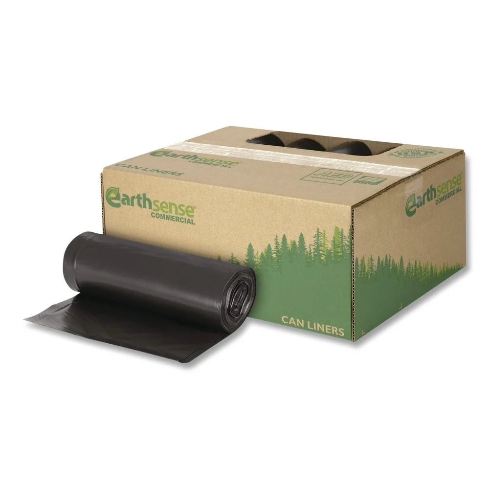 Earthsense Commercial 40 in. x 46 in. 1.25 mil 45 Gallon Linear Low Density Recycled Can Liners - Black (100/Carton)
