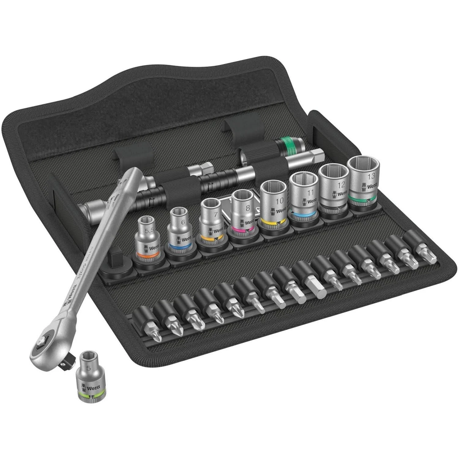 Wera 8100 Sa 7 Zyklop Metal Ratchet Set With Push-Through Square, 1/4-in. Drive, Metric, 28-Pieces