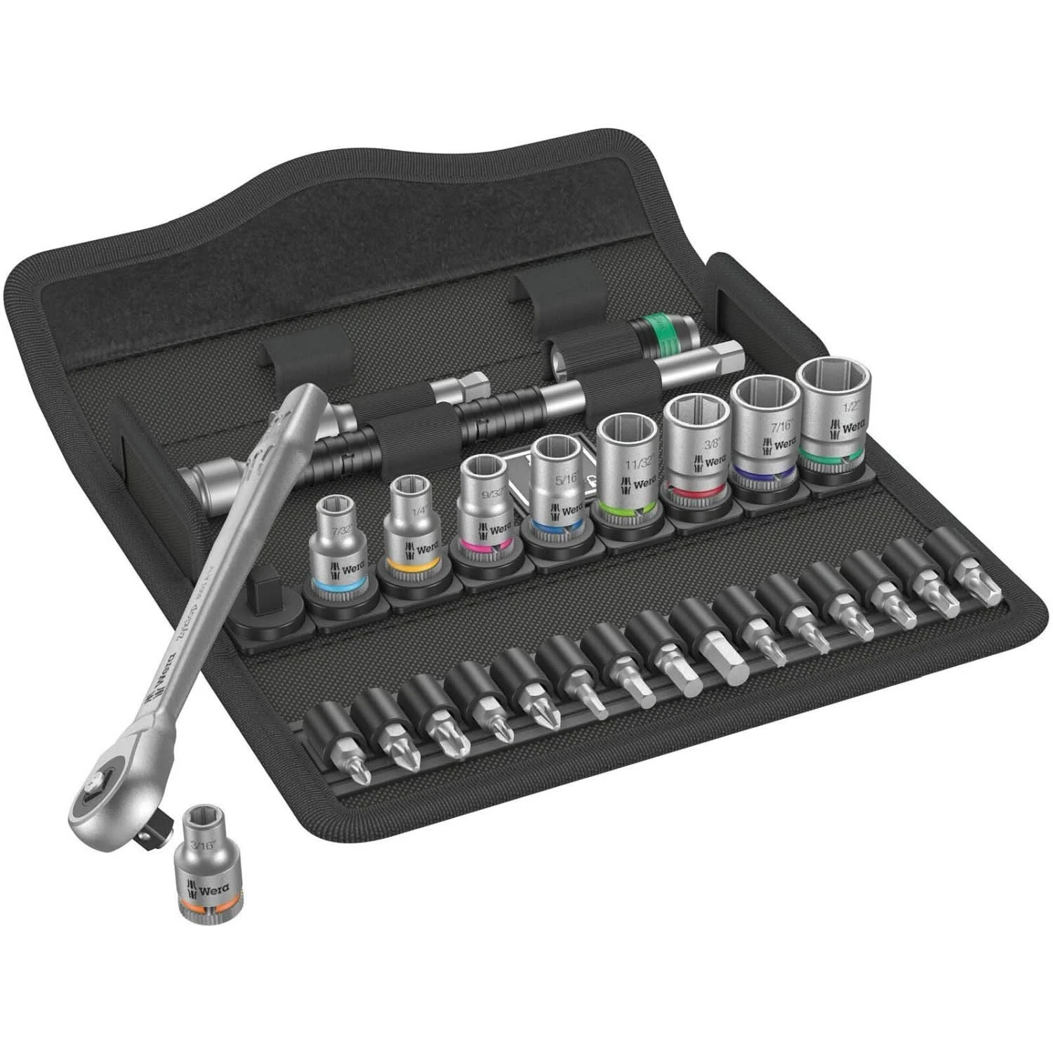 Wera 8100 Sa 10 Zyklop Metal Ratchet Set With Push-Through Square, 1/4-in. Drive, Imperial, 28-Pieces