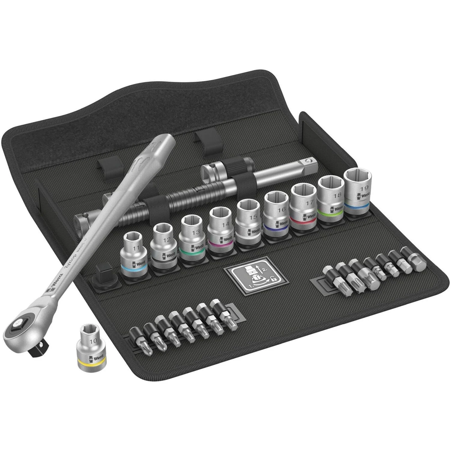 Wera 8100 Sc 7 Zyklop Metal Ratchet Set With Push-Through Square, 1/2-in. Drive, Metric, 28-Pieces