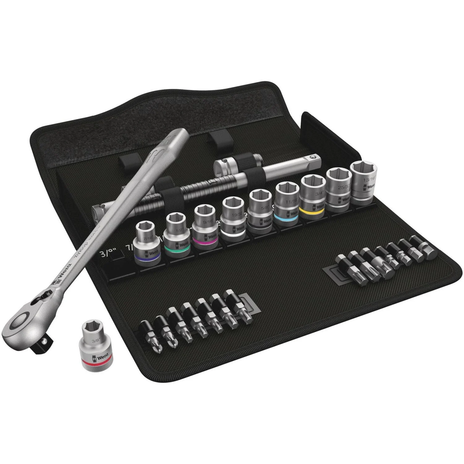 Wera 8100 Sc 11 Zyklop Metal Ratchet Set With Switch Lever, 1/2-in. Drive, Imperial, 28-Pieces