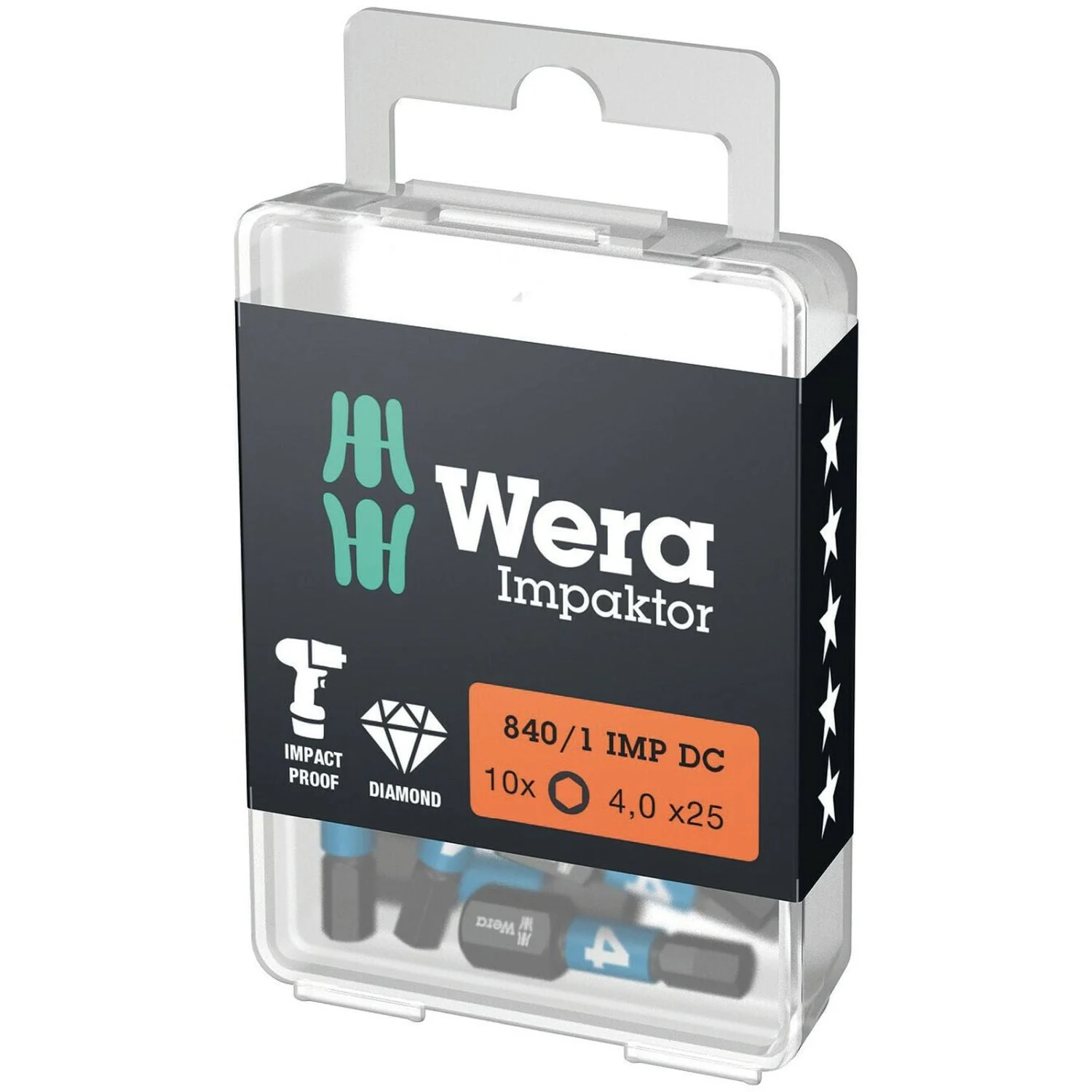 Wera 840/1 Imp Dc Hex-Plus Diy Impaktor Bit, 4x25-mm., 10-Pieces