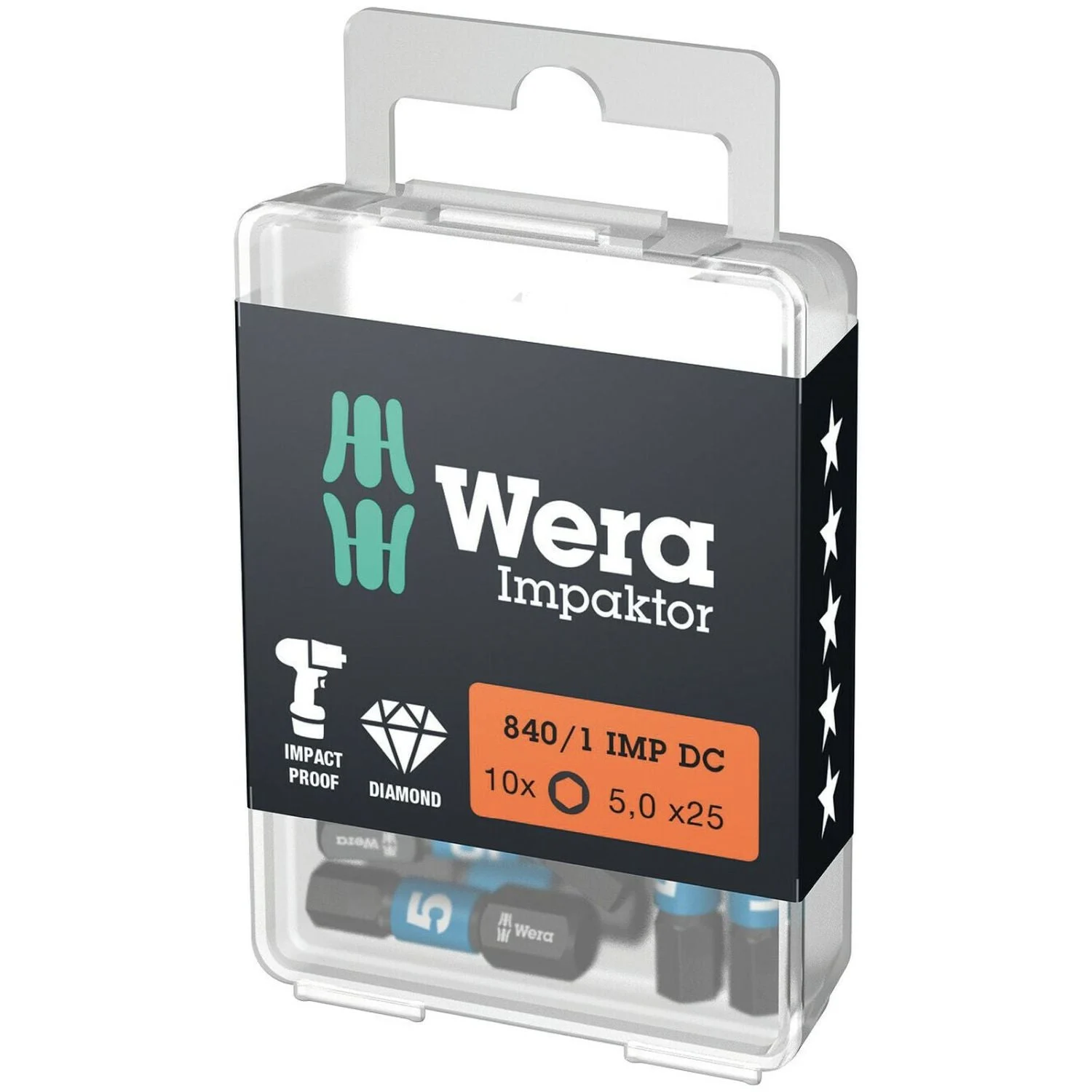 Wera 840/1 Imp Dc Hex-Plus Diy Impaktor Bit, 5x25-mm., 10-Pieces