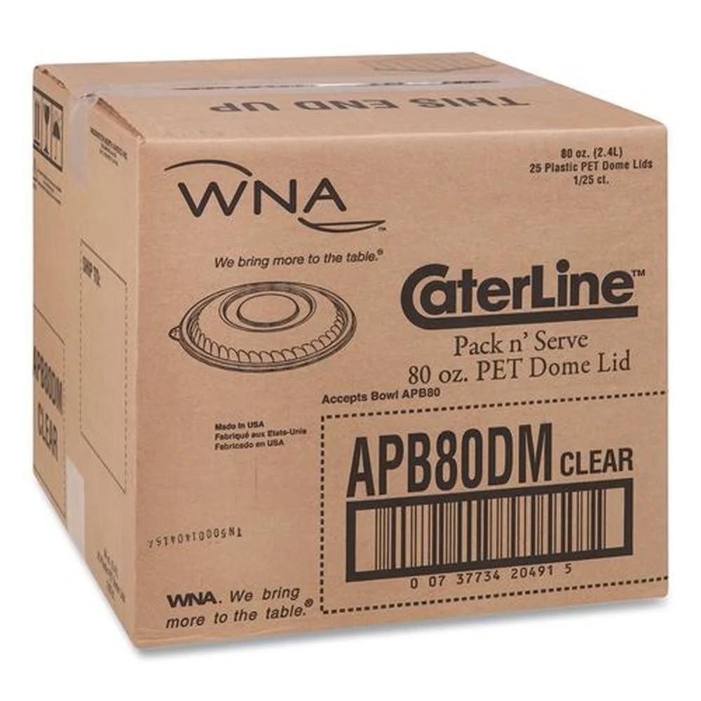 WNA APB80DM 25-Piece/Carton CaterLine 10 in. x 1.38 in. Dome Lids for Pack n' Serve Bowls - Clear