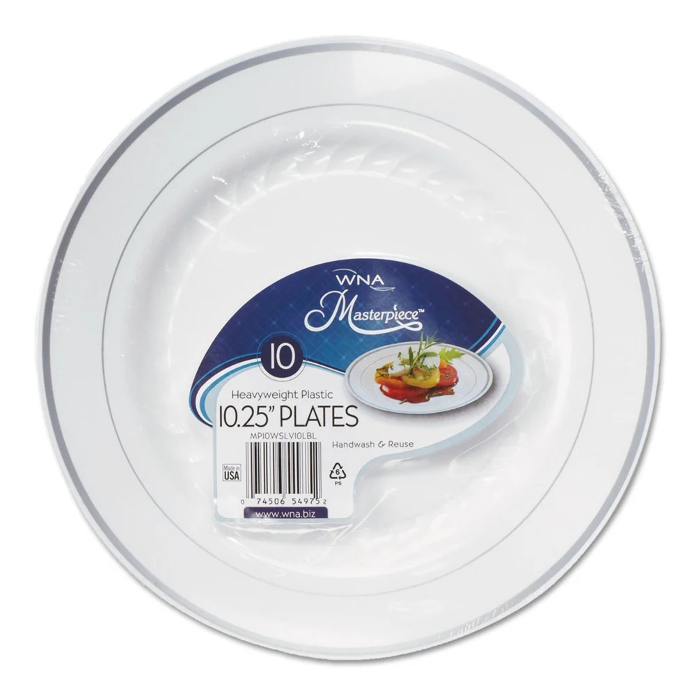 WNA 10.25 in. Diameter Masterpiece Plastic Plates - White/Silver (120/Carton)