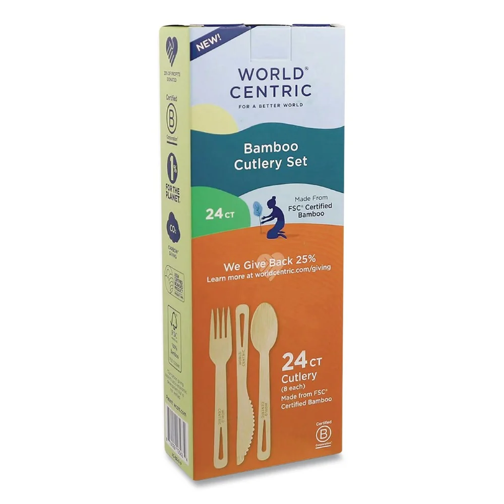 World Centric Paper Fork/Knife/Spoon Bamboo Cutlery - Natural (24/Pack)