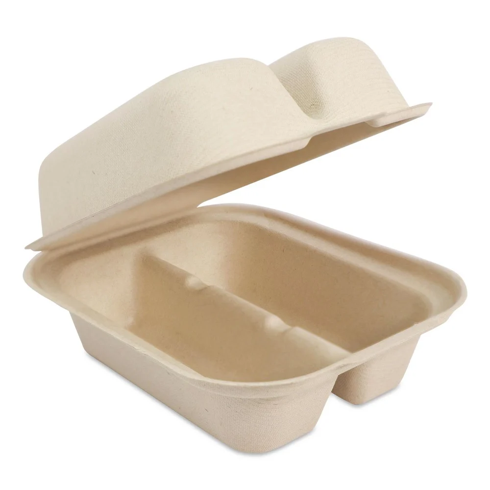 World Centric 5.86 in. x 7.25 in. x 3.38 in. 2-Compartments Taco Box Fiber Hinged Takeout Containers - Natural (300/Carton)