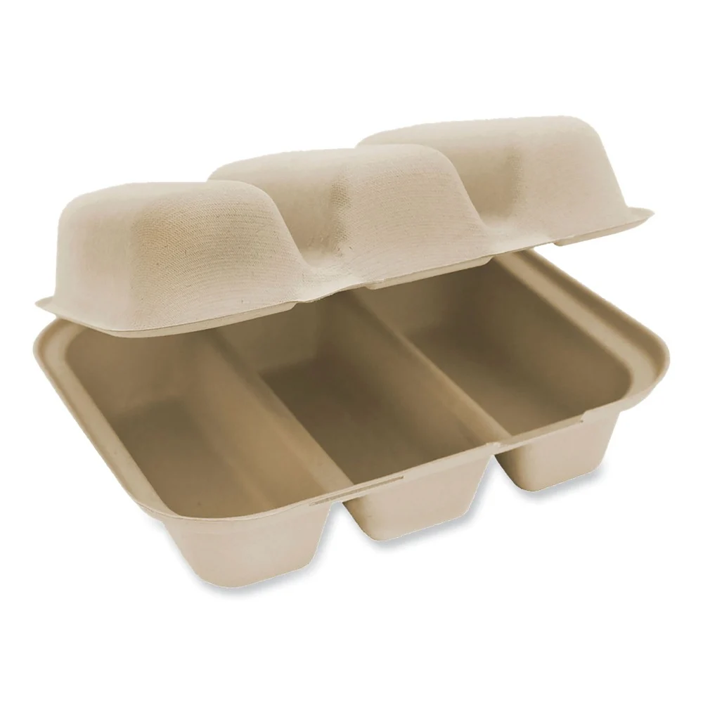 World Centric 8.8 in. x 8.2 in. x 2.9 in. Paper Fiber Hinged Containers - Natural (300/Carton)