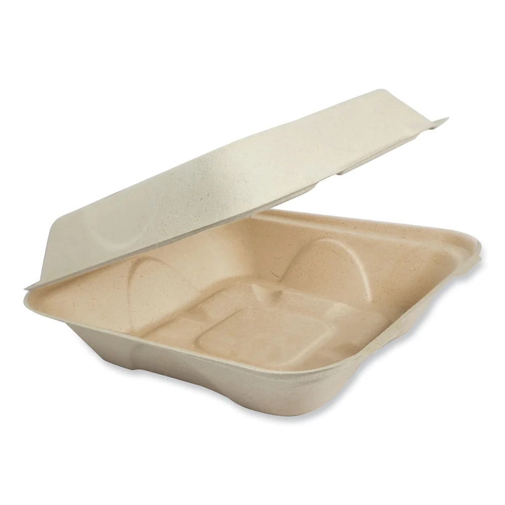 World Centric 7 in. x 8.3 in. x 3.2 in. Paper Fiber Hinged Containers - Natural (300/Carton)