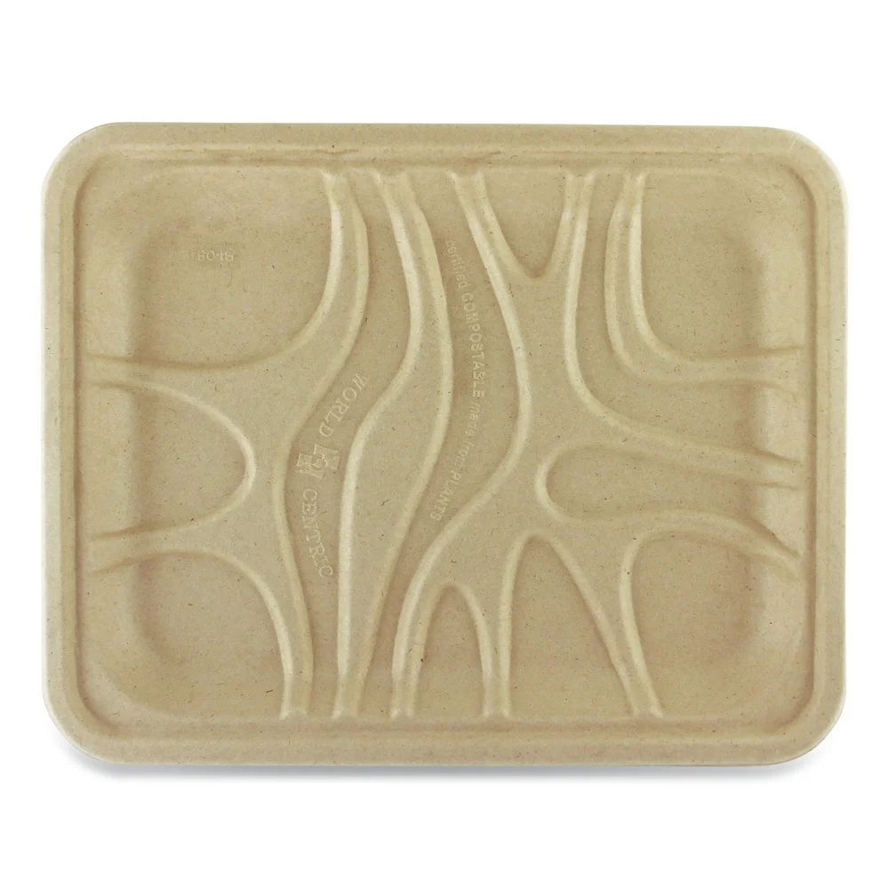 World Centric 9.1 in. x 7.1 in. x 0.7 in. PLA Lined PFAS-Free Paper Fiber Trays - Natural (500/Carton)