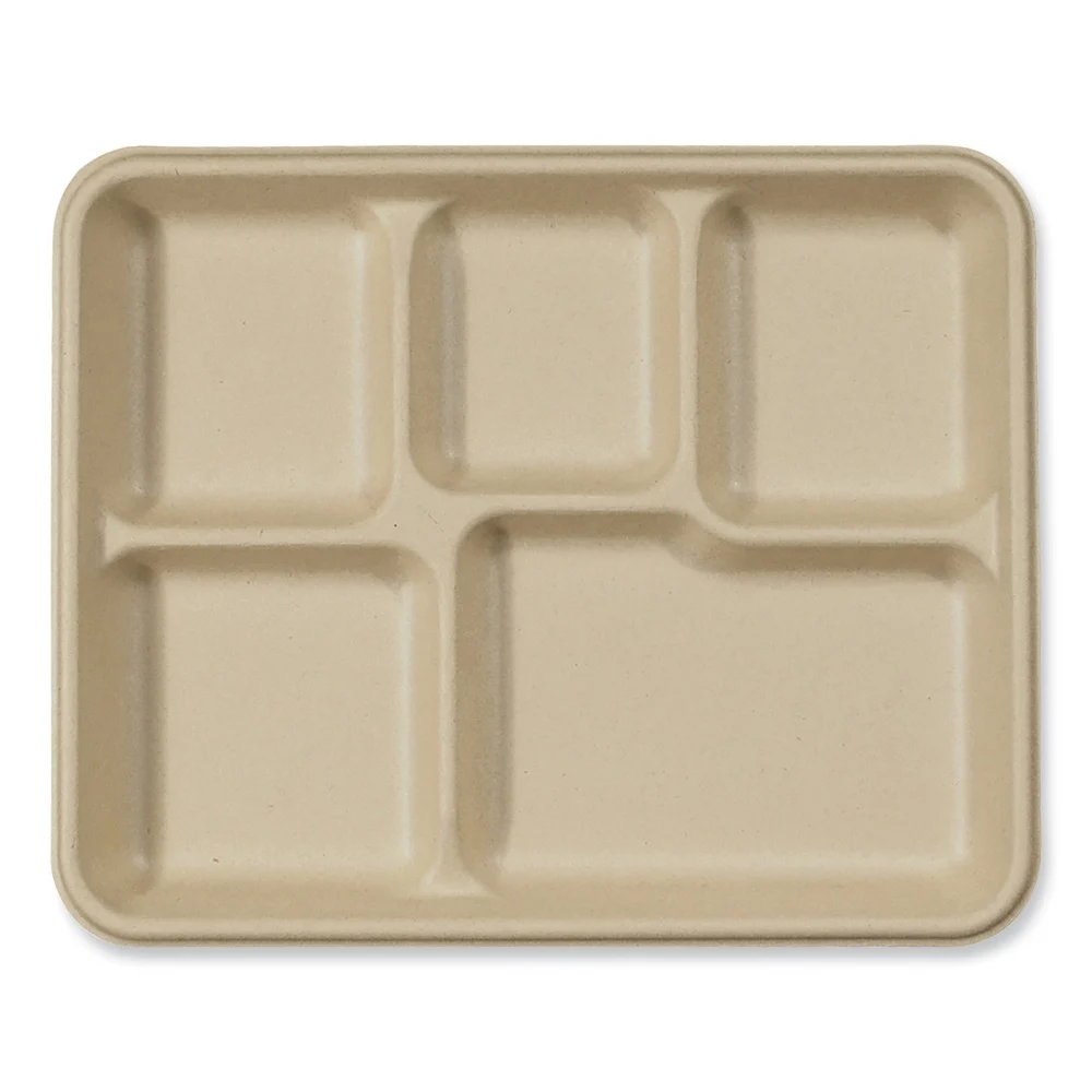 World Centric 5-Compartments 8.5 in. x 10.24 in. x 1.01 in. Paper Fiber Trays - Natural (400/Carton)