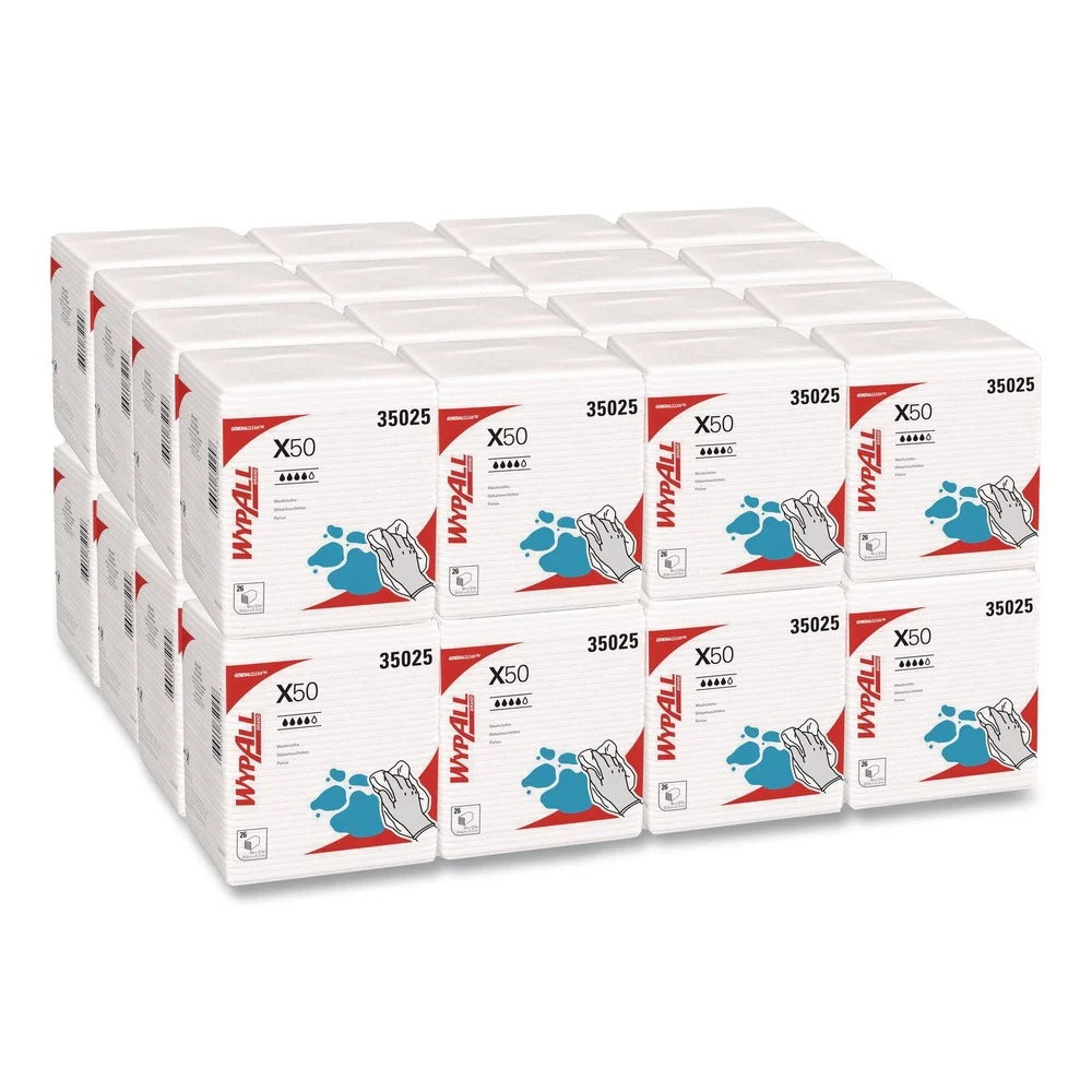 WypAll X50 12-1/2 in. x 10 in. 1/4 Fold Cloths - White (26/Pack, 32 Packs/Carton)