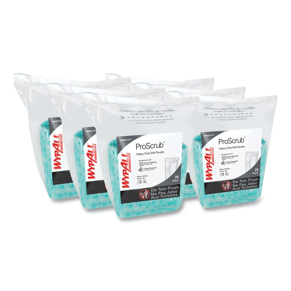 WypAll Power Clean ProScrub 12 in. x 9.5 in. Pre-Saturated Wipes - Citrus Scent, Green (75/Pack, 6 Packs/Carton)