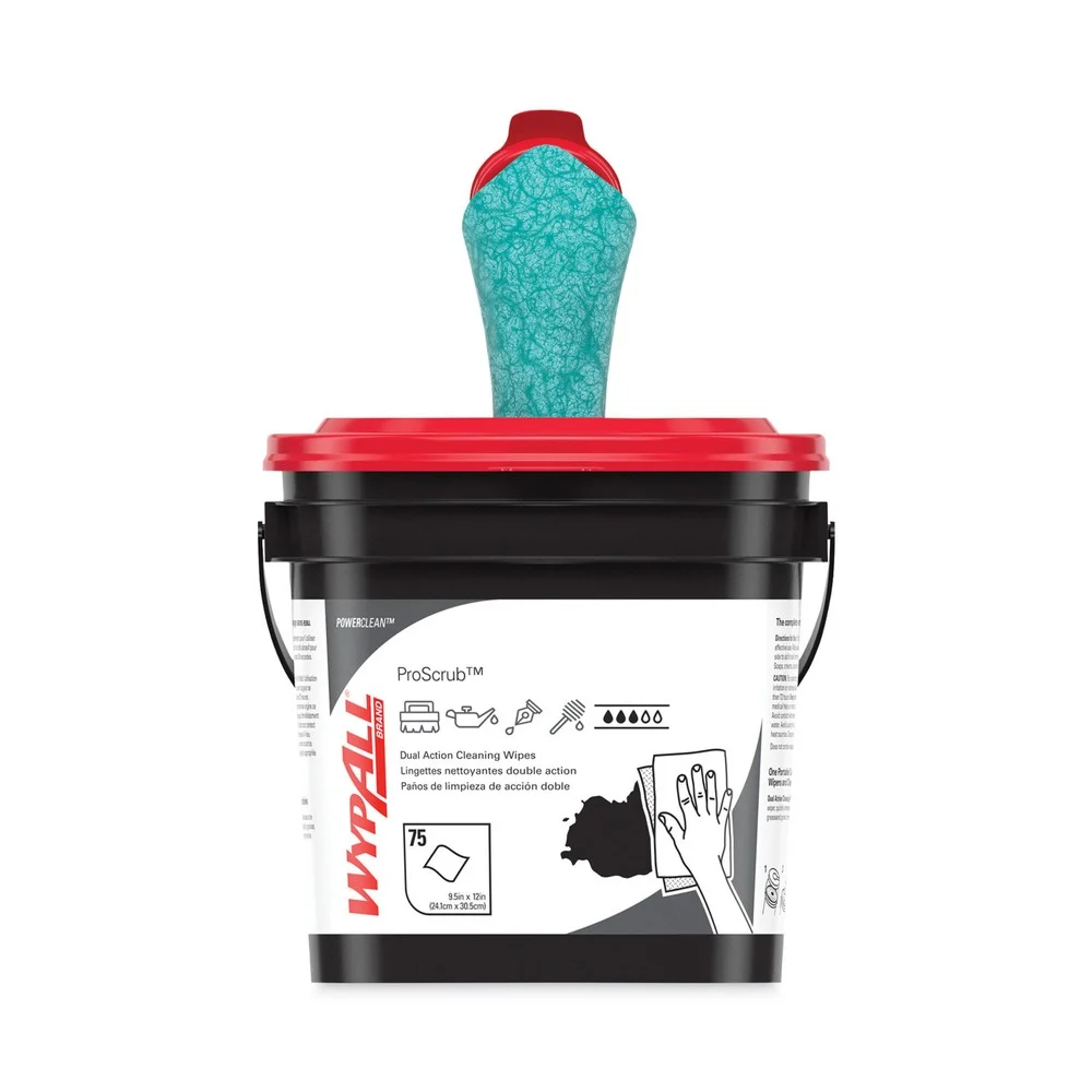 WypAll Power Clean ProScrub 9.5 in. x 12 in. Pre-Saturated Wipes - Citrus Scent, Green (75/Bucket)