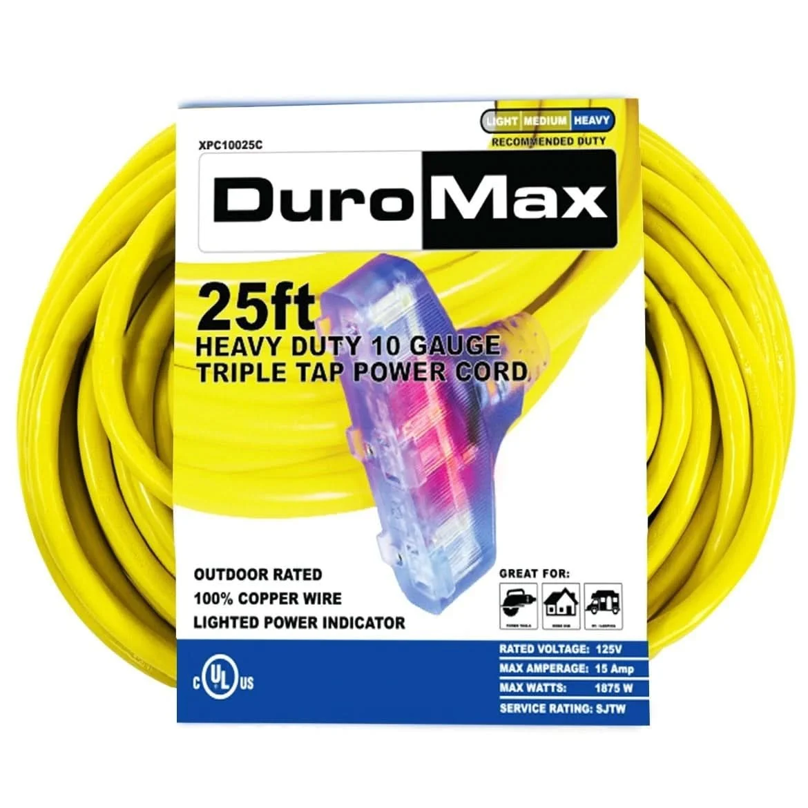 Duromax 25-Foot 10-Gauge Triple Tap Extension Power Cord