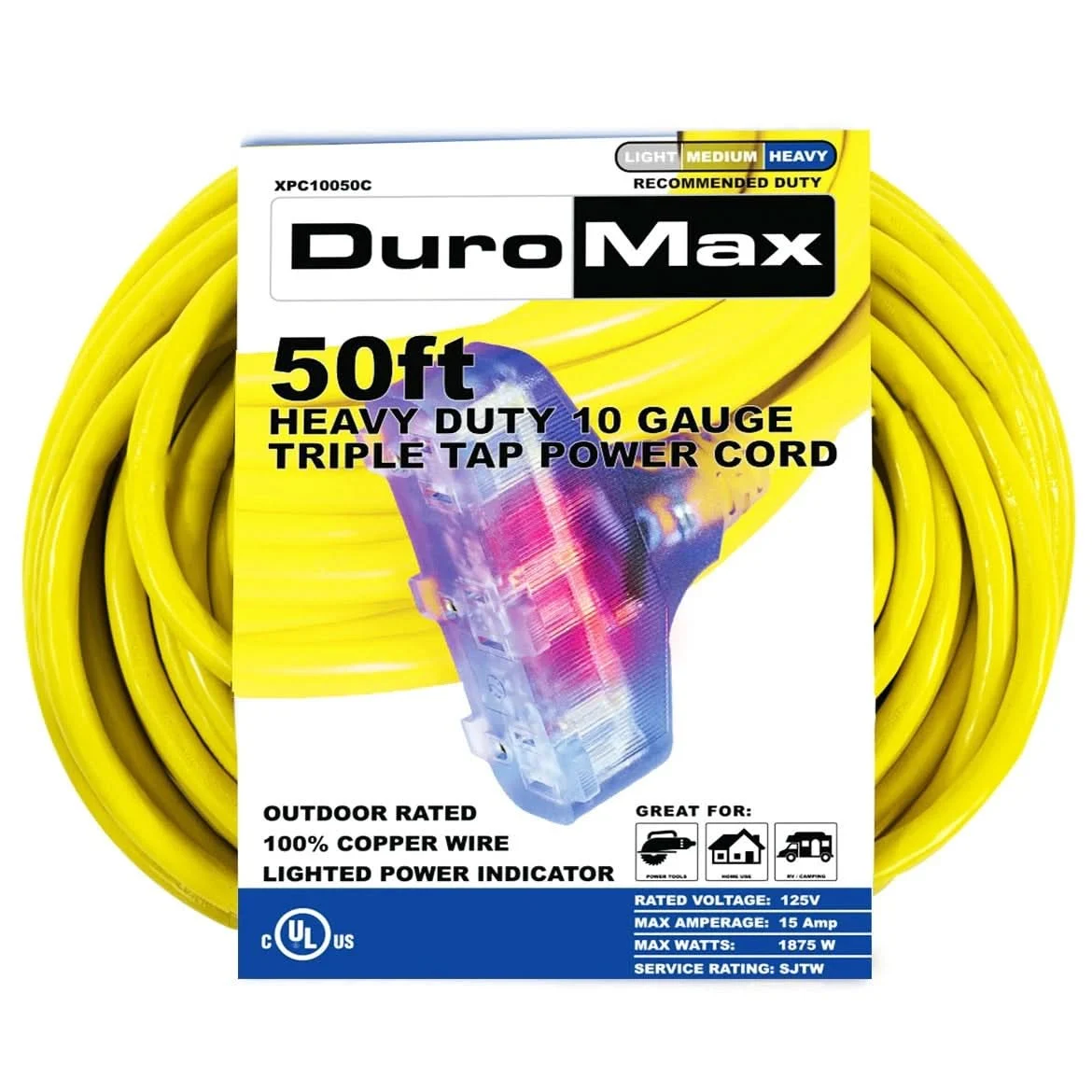 Duromax XPC10050C 50-Foot 10-Gauge Triple Tap Extension Power Cord