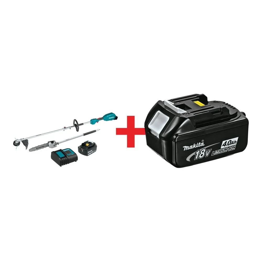 Makita 18V LXT Brushless Couple Shaft Power Head 4.0Ah Kit With 13 in. String Trimmer & 10 in. Pole Saw Attachments plus 18V LXT 4.0Ah Battery