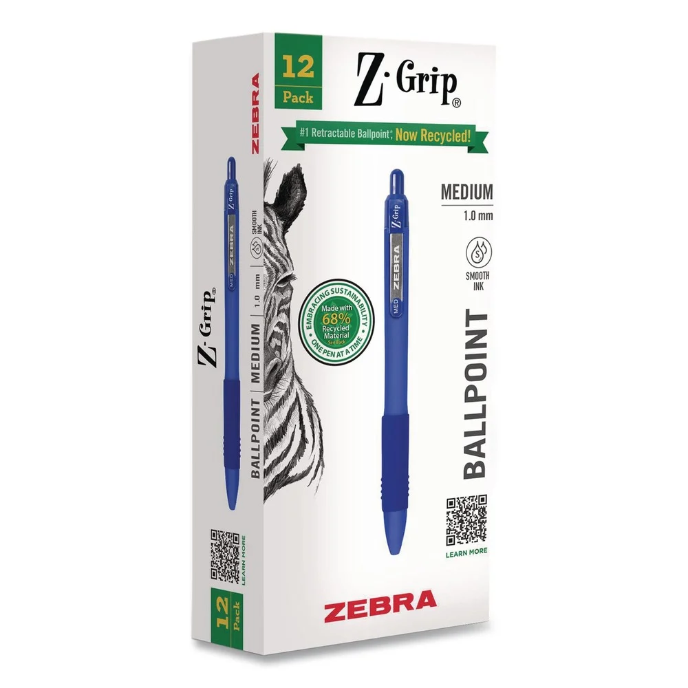 Zebra Z-Grip Medium 1 mm Recycled Retractable Ballpoint Pen - Blue Ink/Blue Barrel (1-Dozen)