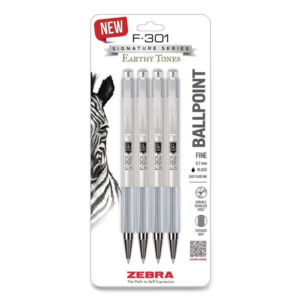 Zebra F-301 Signature Series Earthy Tones Fine 0.7 mm. Retractable Ballpoint Pen - Black Ink/Pewter Barrel (4/Pack)