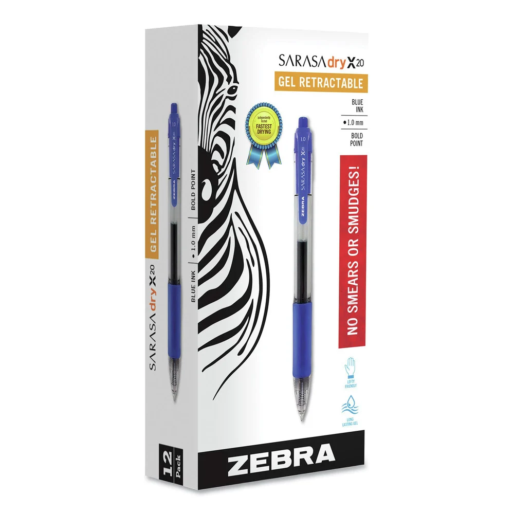 Zebra 1 mm Sarasa Dry Gel X20 Gel Pen - Bold/Blue Ink/Clear/Blue Barrel (1-Dozen)
